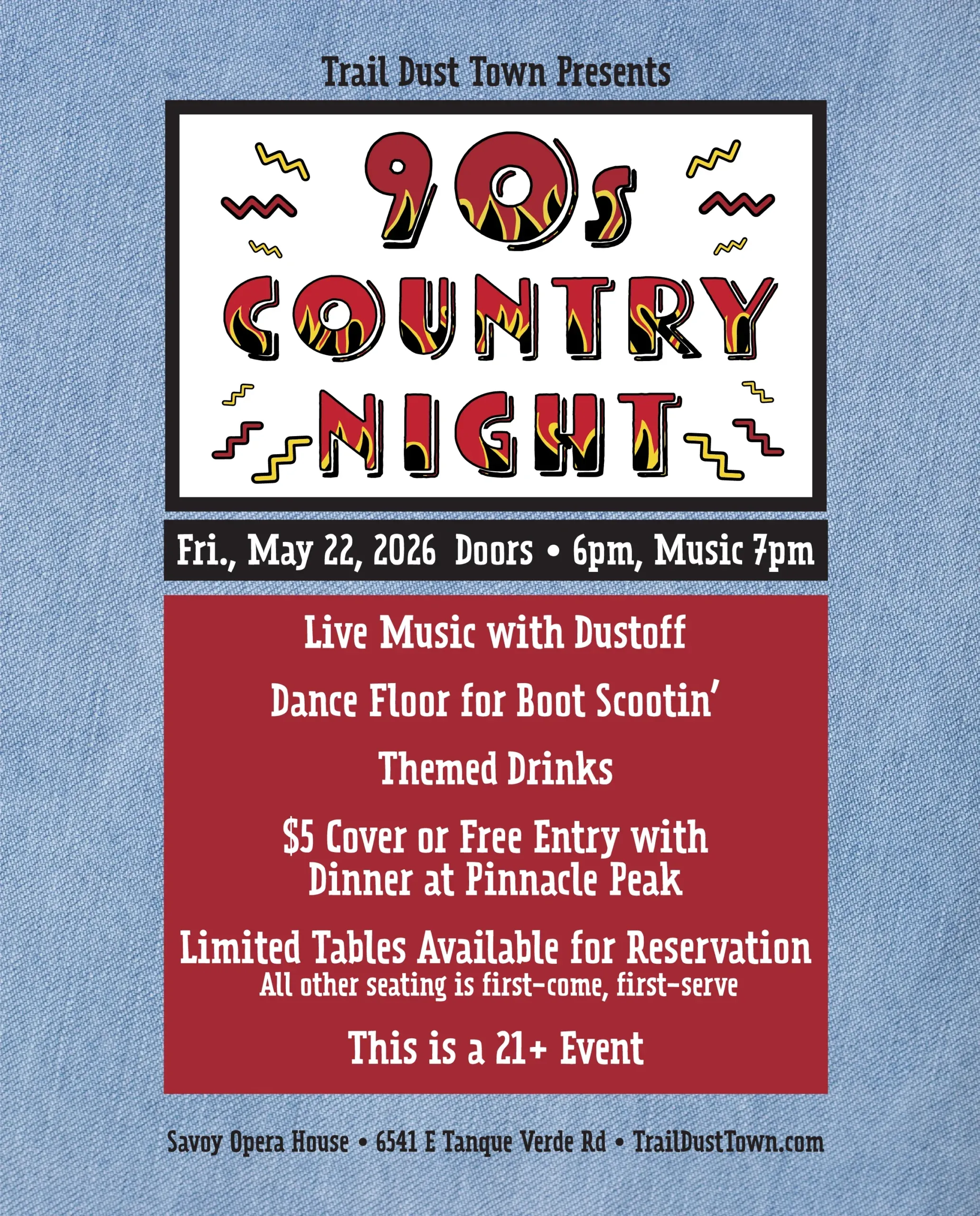 Trail Dust Town flyer for 90s Country Night